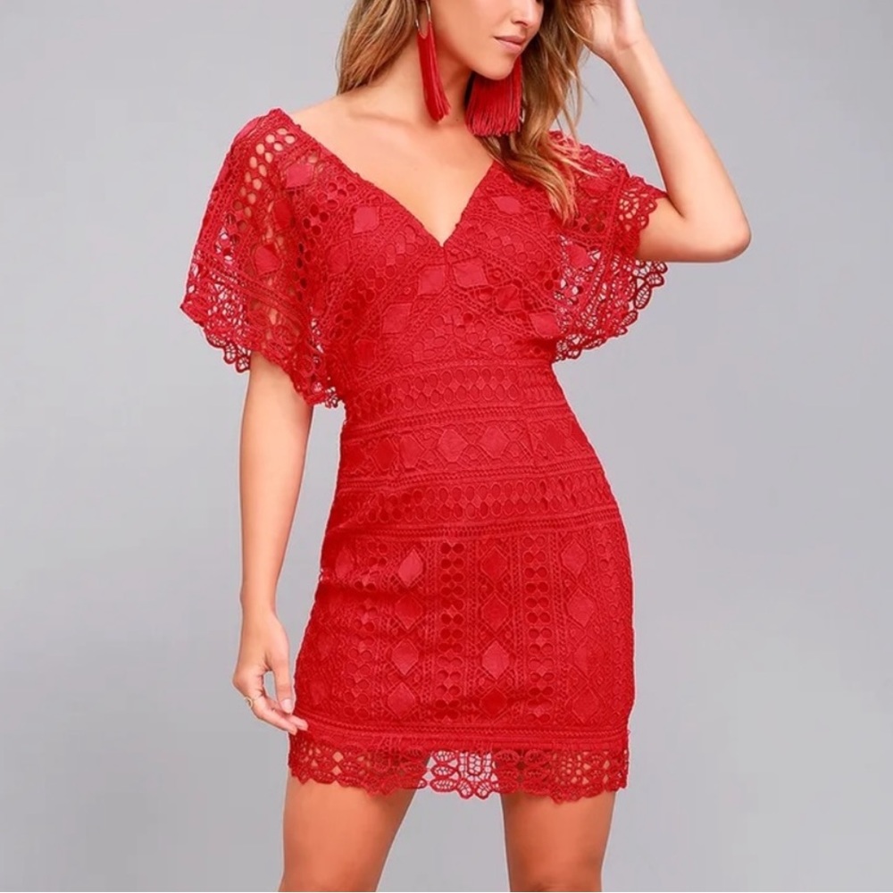 Lulu’s First Kiss Red Lace Sheath Dress Embroidered V Cut Chic Women’s S